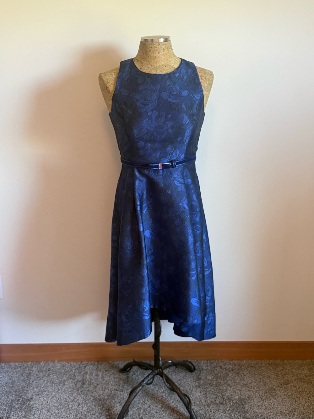 White House Black Market Navy Floral High-Low Dress with Belt